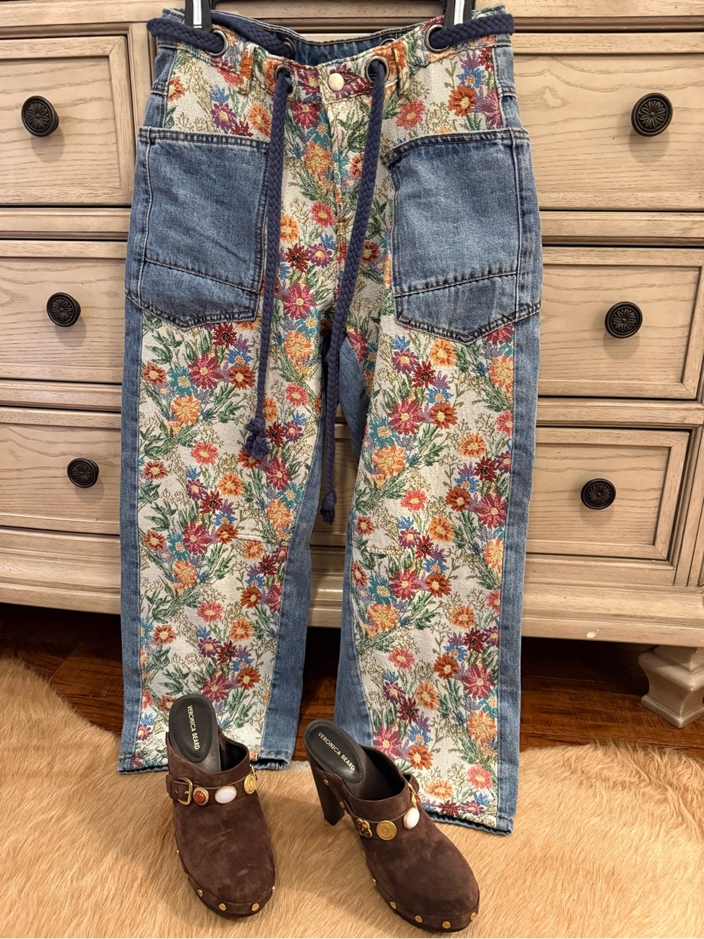Oli & Hali Floral Patchwork Ankle Pants in Blue, Green, Yellow